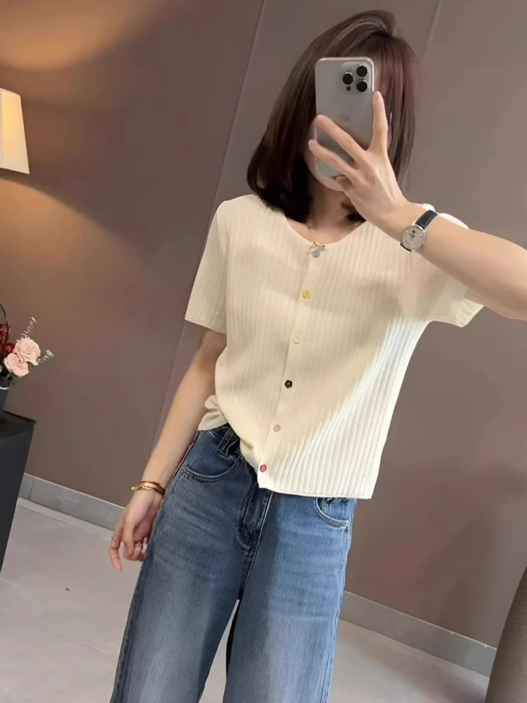 薄款正肩短袖针织开衫女2026新款夏小个子休闲显瘦百搭上衣J1-46