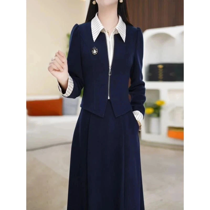 2025春季新品设计感翻领休闲简约时尚打底轻奢中长款长袖连衣裙女