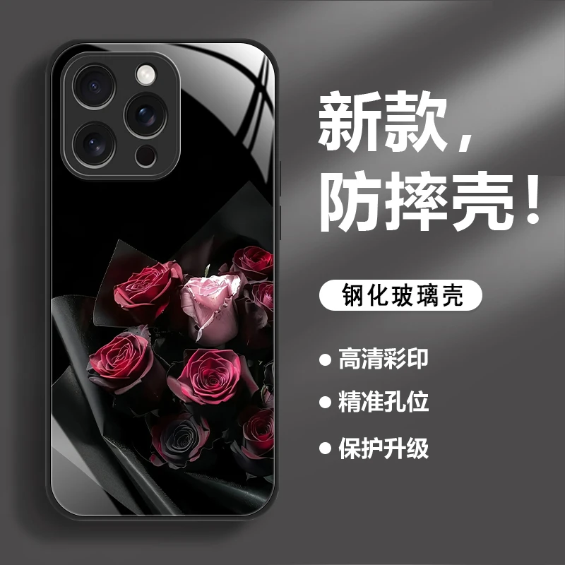 黑玫瑰个性适用苹果/华为/小米/OPPO/vivo金属漆玻璃挂绳手机壳
