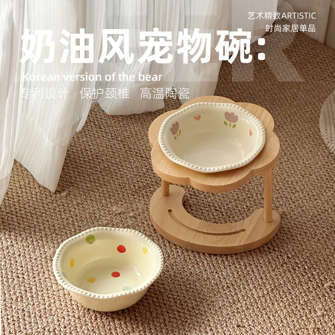 猫碗猫咪陶瓷碗高脚木架保护颈椎狗狗食盆猫粮碗防打翻宠物碗