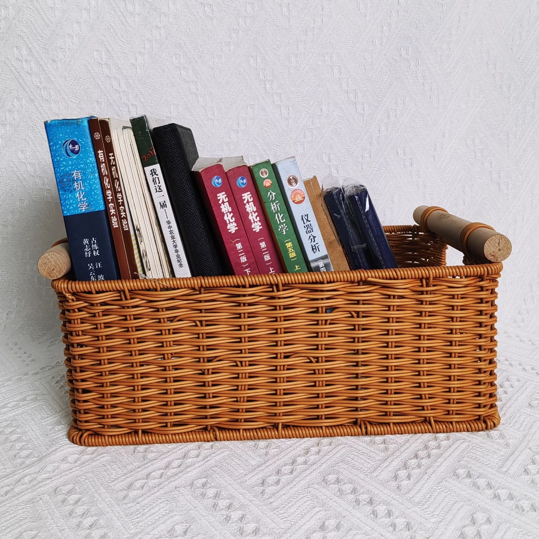 ZF02原木手柄收纳桌面书本零食厨房收纳储物筐仿藤