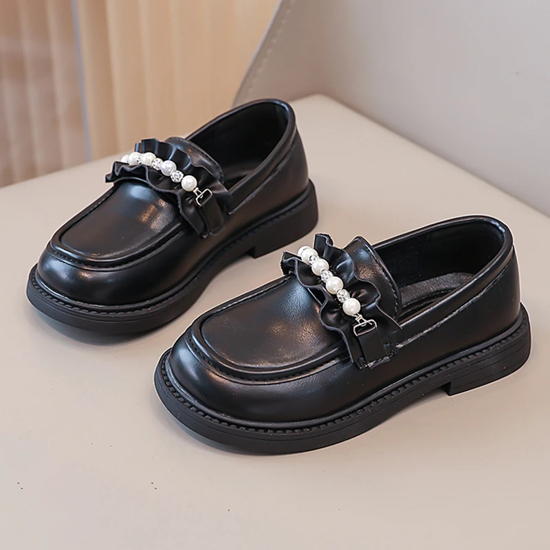儿童小皮鞋春秋新款女童洋气珍珠褶皱花休闲鞋女孩防滑软底公主鞋