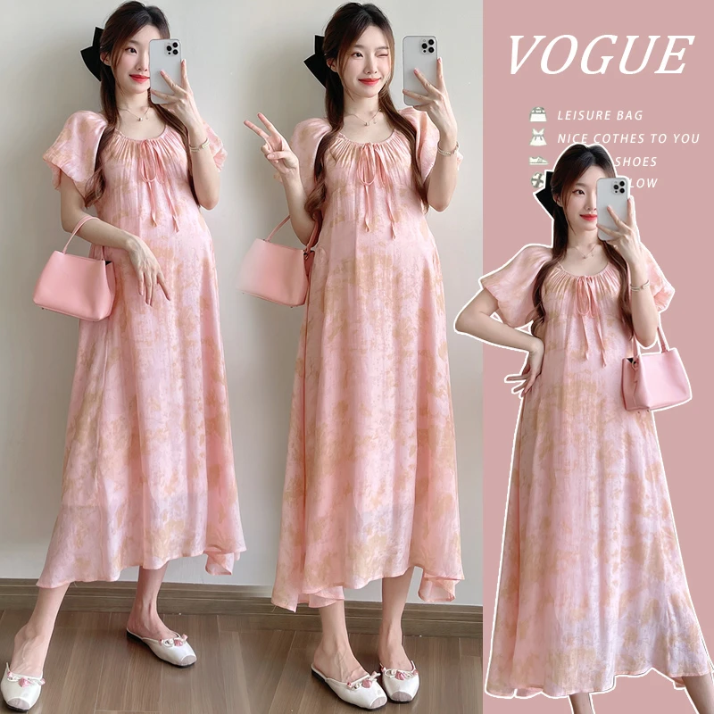 2025夏季新款孕妇装连衣裙甜美森系蝴蝶结泡泡袖小香风雪纺长裙子