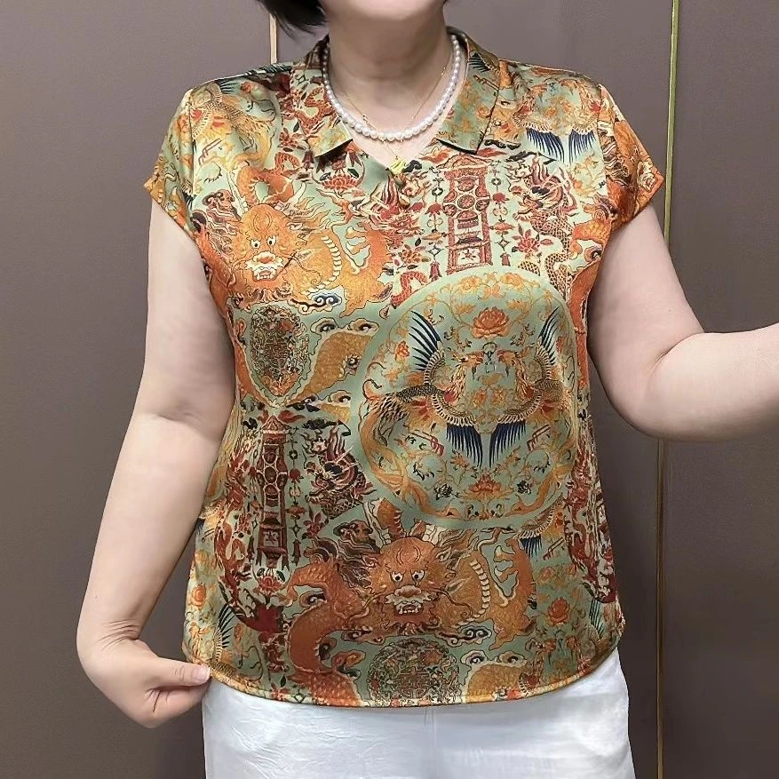 2025夏季新款民族风龙凤呈祥印花短袖T恤中老年洋气小衫遮肉上衣
