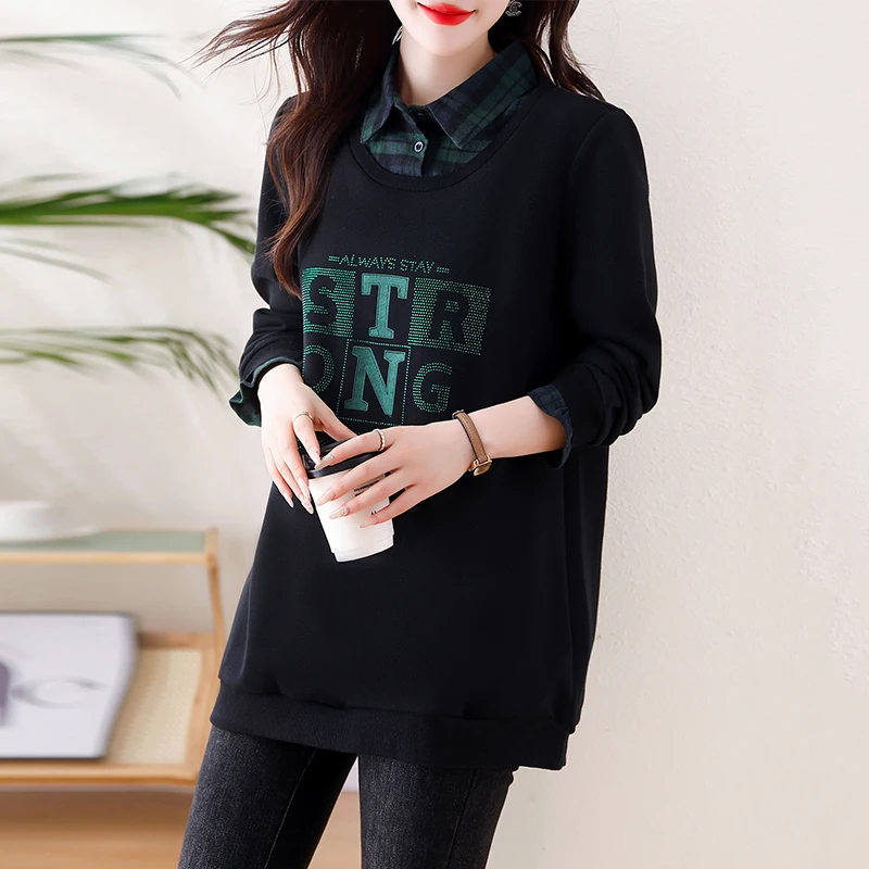 2025春季新款加肥加大韩版翻领假两件百搭遮肉格子拼接洋气卫衣女