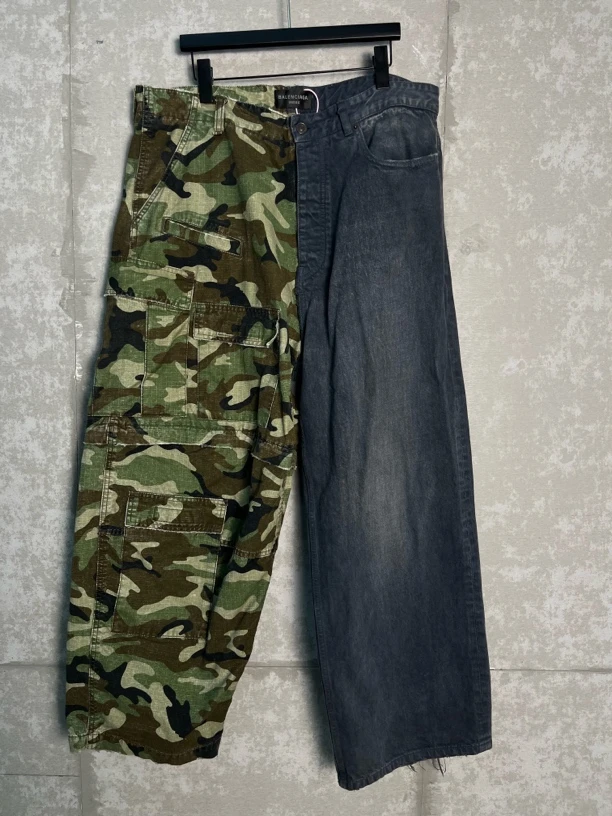 未使用 Balenciaga/巴黎世家 S*1/迷彩拼接破坏baggy牛仔裤/09314