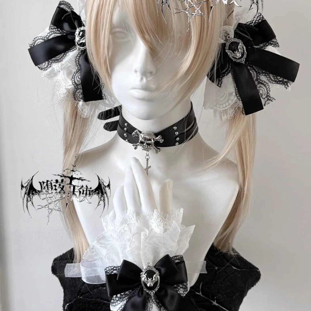 堕落天使|原创蕾丝蝴蝶结暗黑水钻裙摆发夹发饰手袖