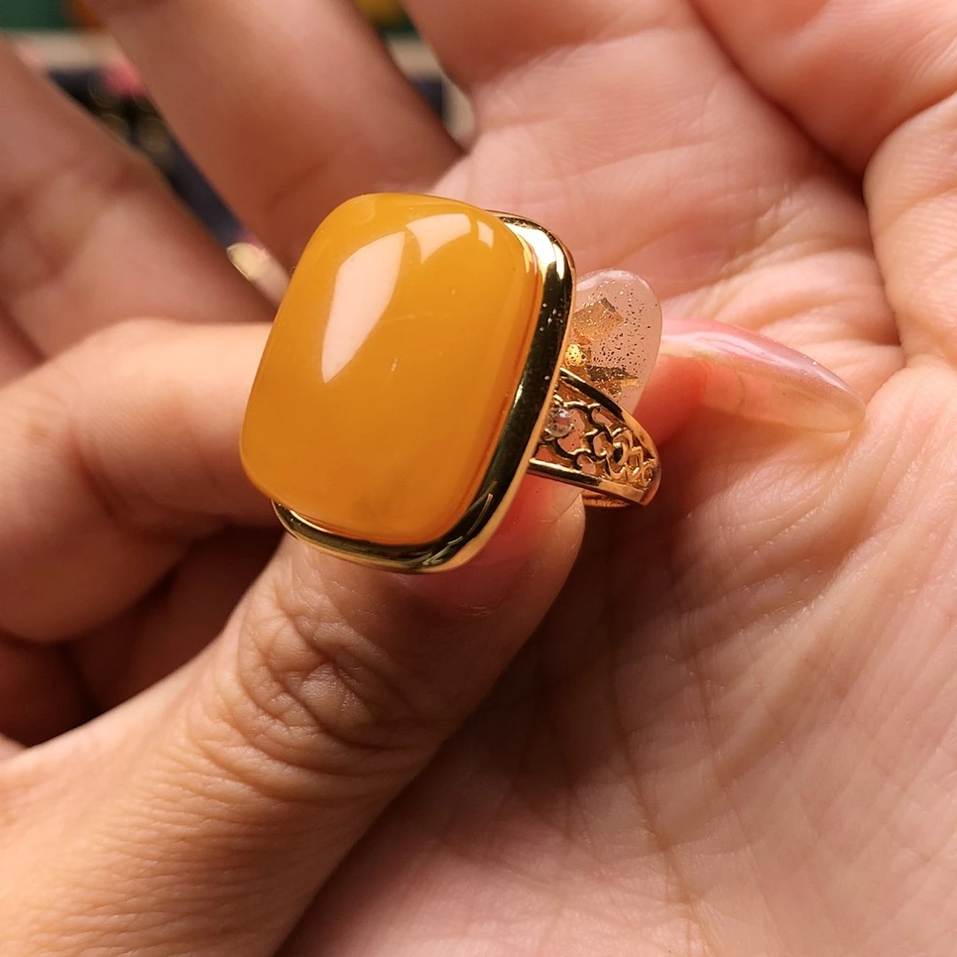 蜜蜡戒指银S925镶嵌戒指