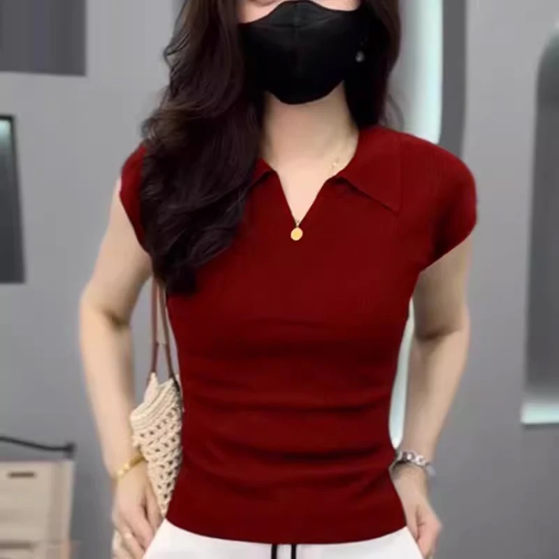 炸街独特漂亮上衣2025夏季新款女士气质POLO领冰丝针织短袖T恤衫
