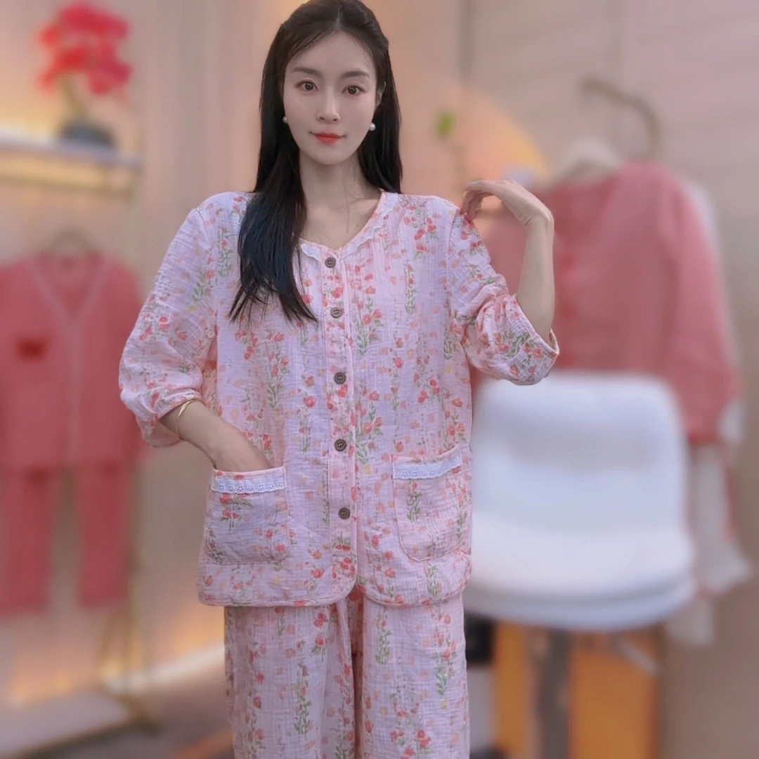 夏季新款【十里桃花】母婴级A类100%棉七分袖长裤套装睡衣家居服1