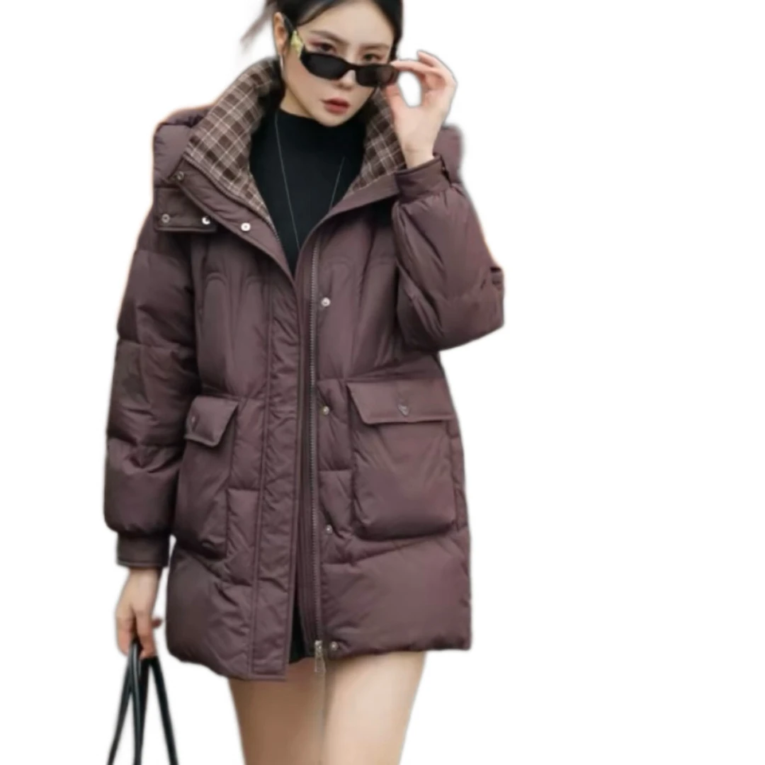 （宏09）时尚休闲高端大气拼接连帽80长鹅绒服