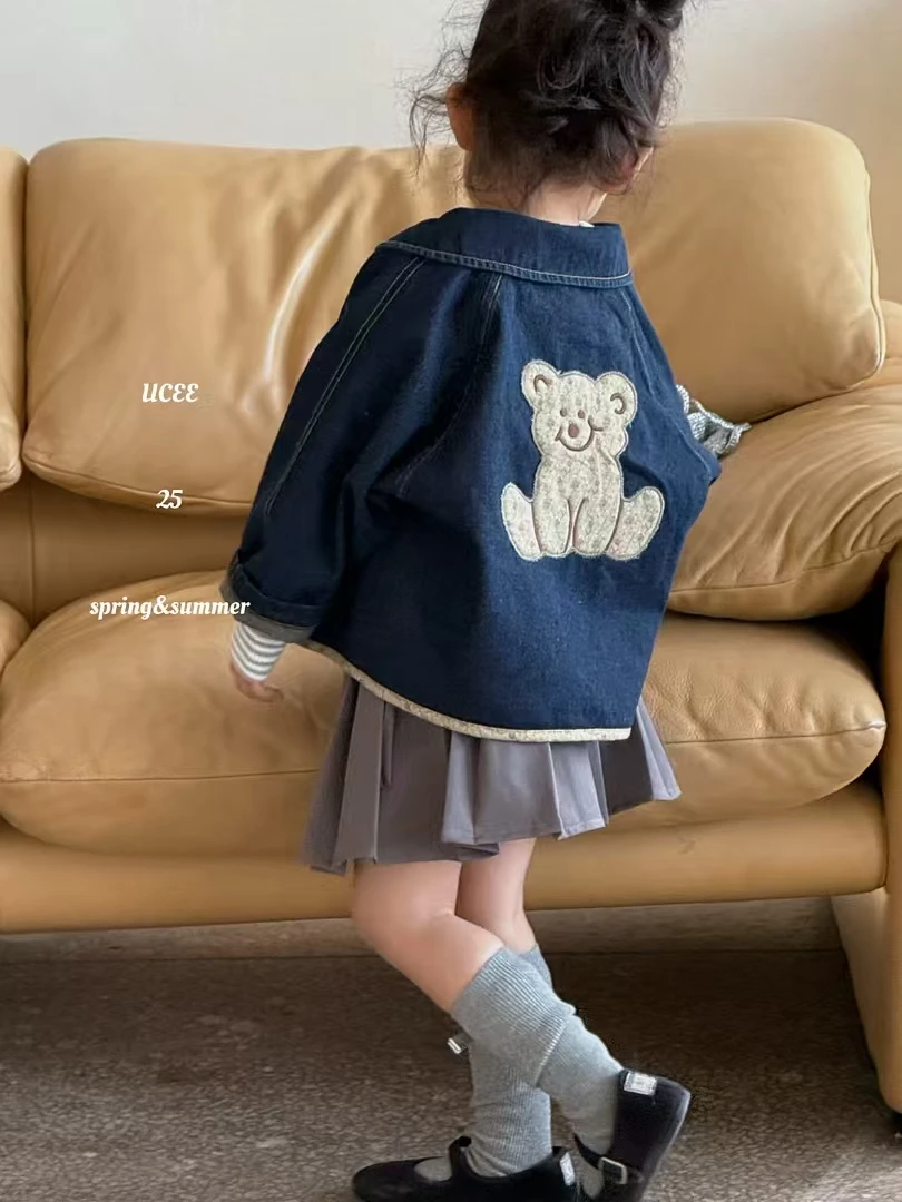 釉兮 2161女童2025春款卡通小熊牛仔外套