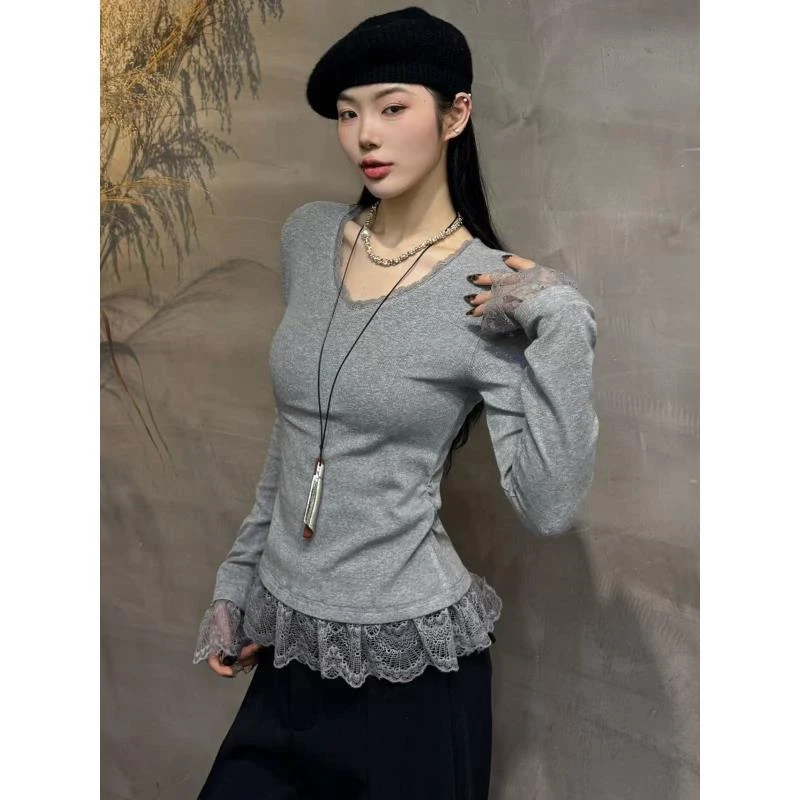 98F717#冬季新款时尚洋气设计感V领蕾丝花边长袖褶皱收腰显瘦T恤
