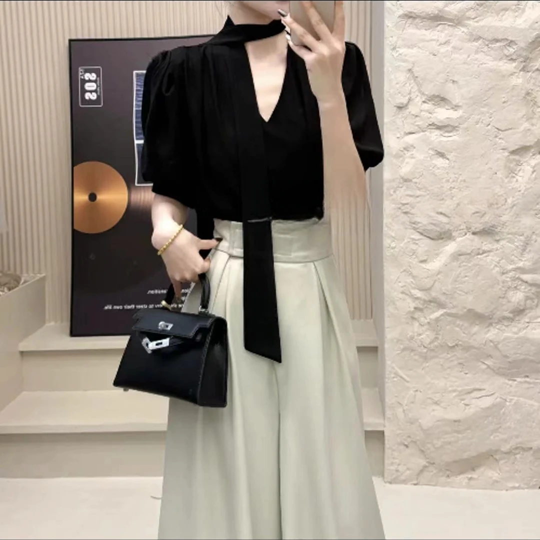 YIYI Studio韩国chic夏季法式优雅立领飘带围脖设计衬衫上衣女