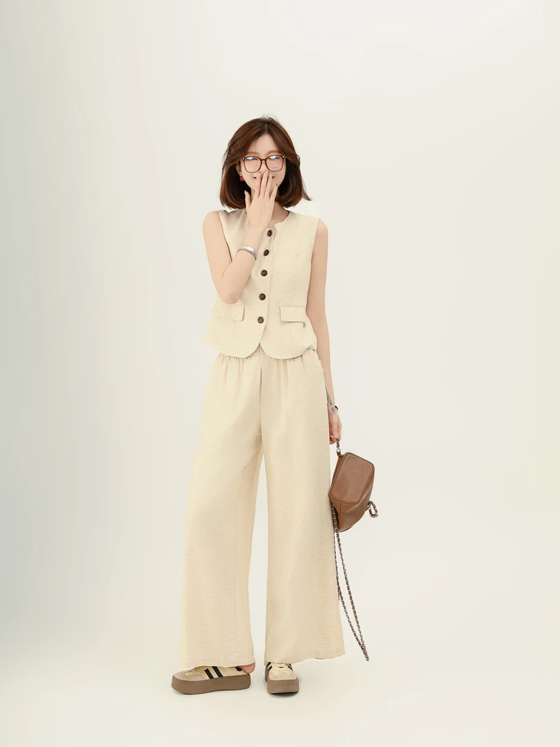 【芝士Cheese】中央区夏季复古老钱显瘦慵懒感麻感马甲高腰上衣裤子