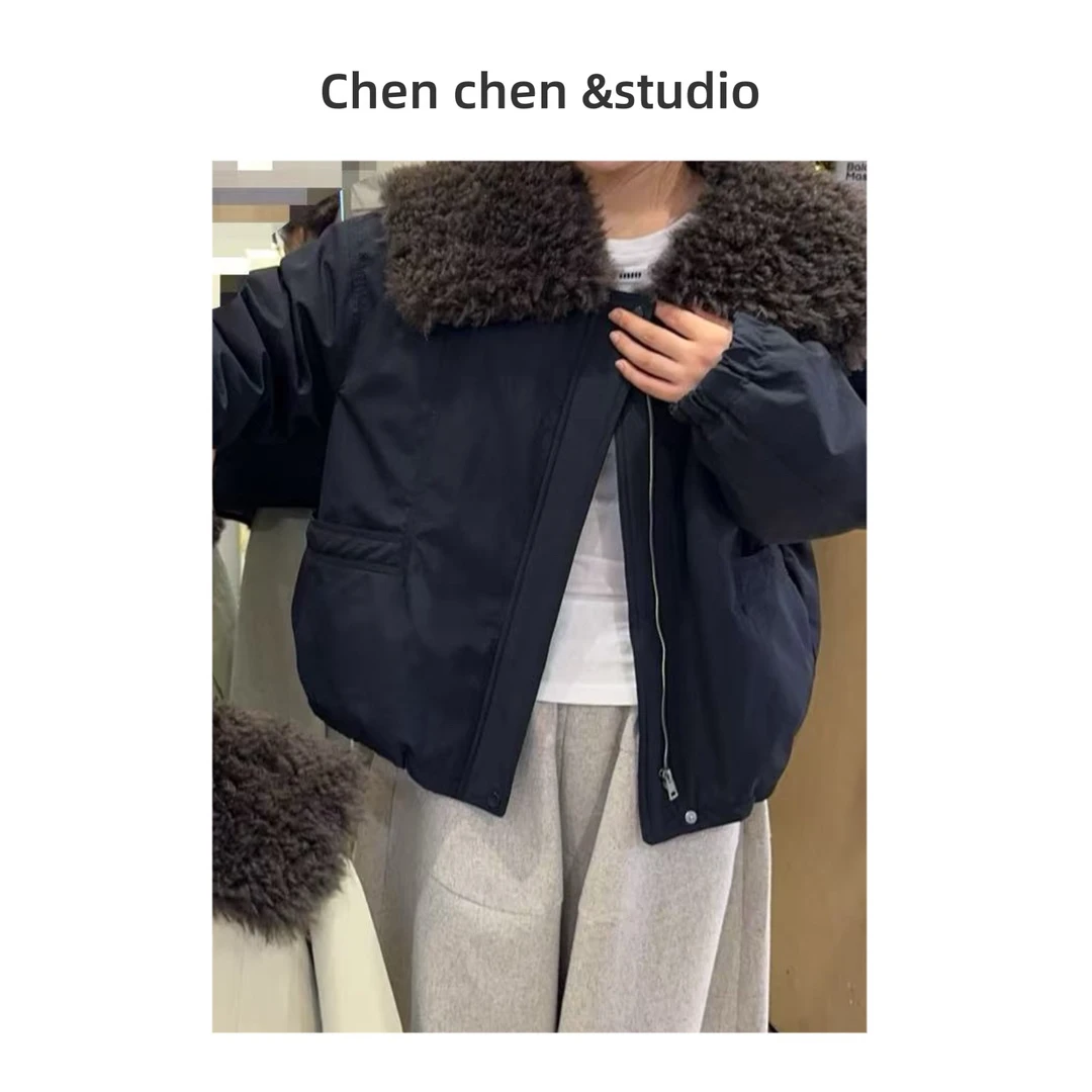 【羊羔毛大翻领羽绒派克】韩系翻领工装短外套女冬季加绒宽松显瘦