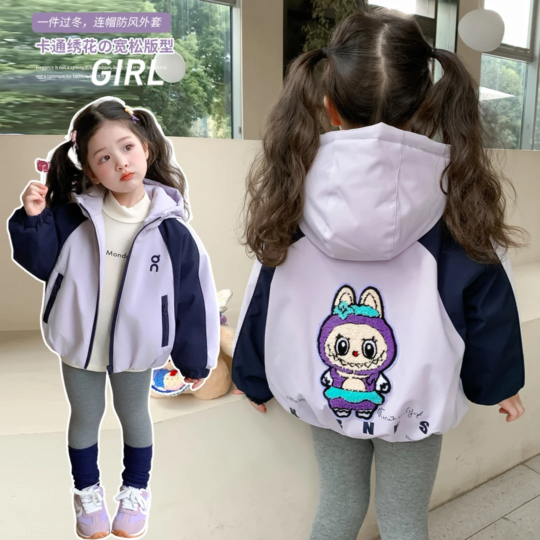 女童加绒连帽外套洋气儿童秋冬装新款女宝宝加厚派克服小女孩上衣