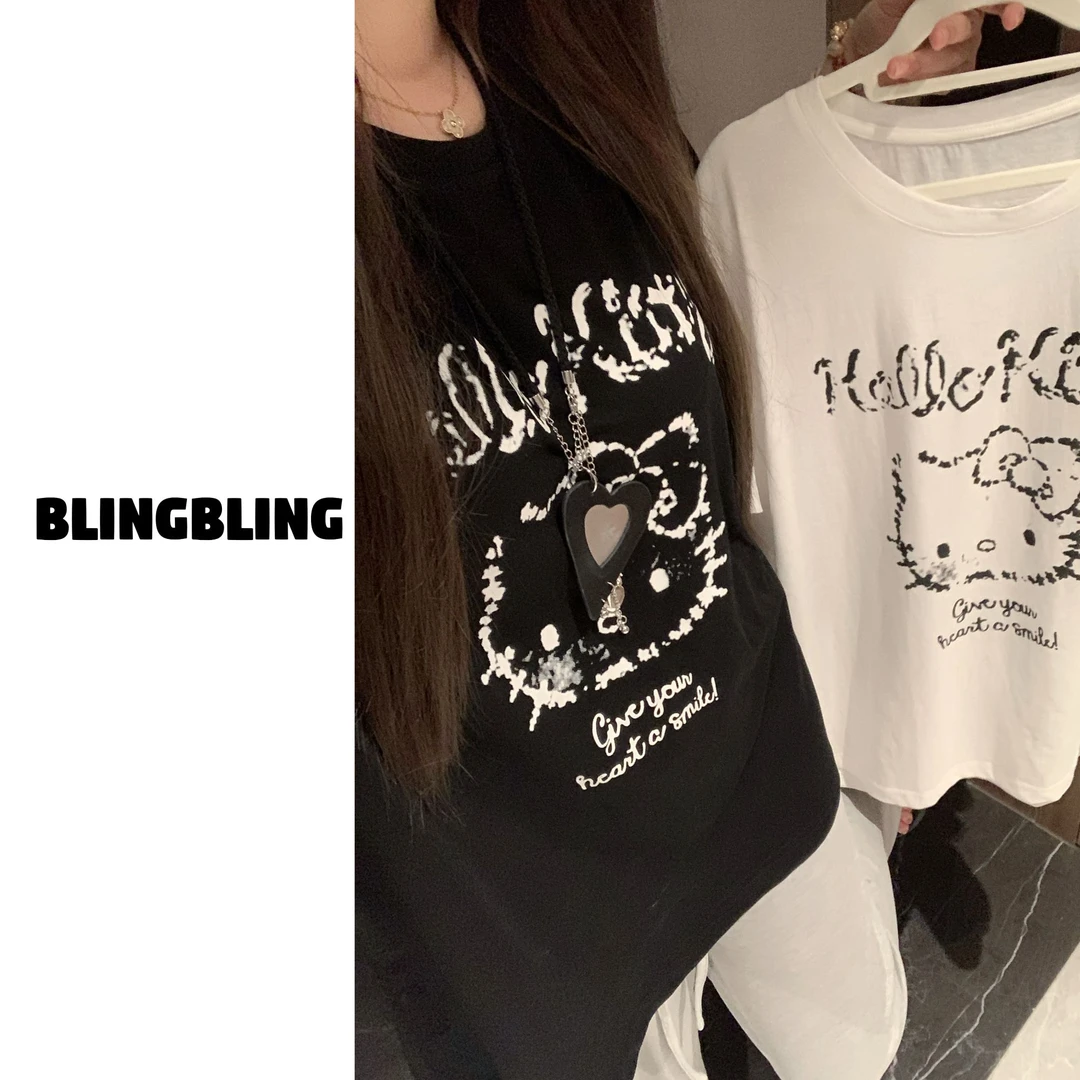 唐不灵微胖《卡通猫咪》大码显瘦遮肉百搭甜美可爱T恤