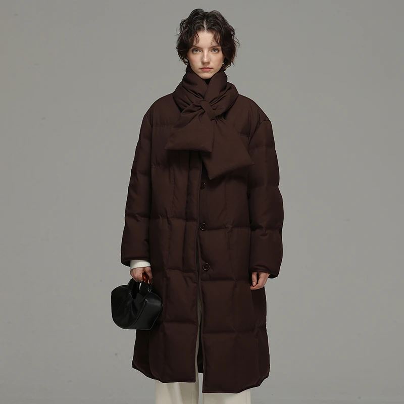 25新款【云朵奶咖】鸭绒长款羽绒冬围巾立体绗线包边设计面包服