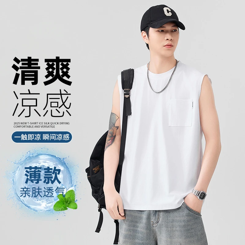 金狐狸美式复古口袋砍袖背心男宽松休闲无袖T恤篮球运动坎肩潮606