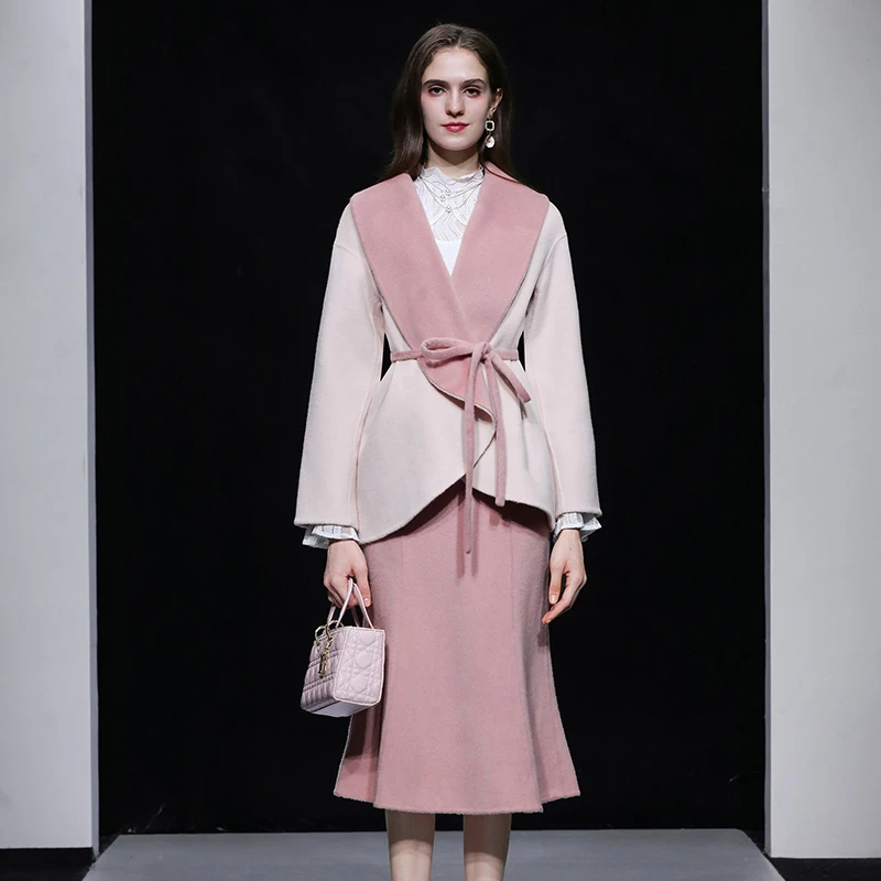 冬季新款设计感小众宽松收腰系带上衣半身裙粉色双面呢大衣DS1947