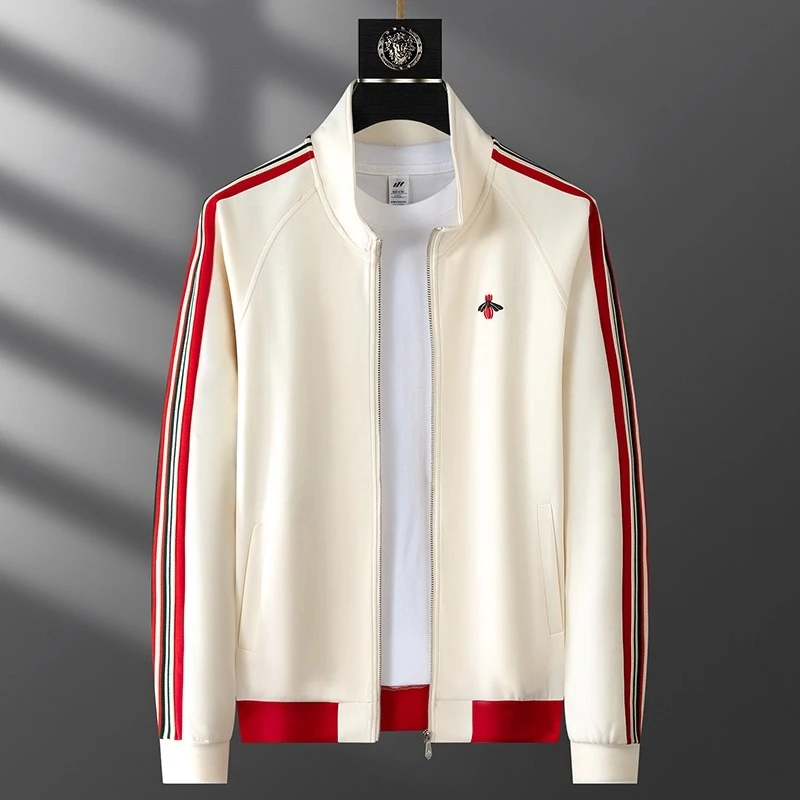 约文库费高级感刺绣小蜜蜂开衫男外套秋冬季拼接男士夹克立领卫衣