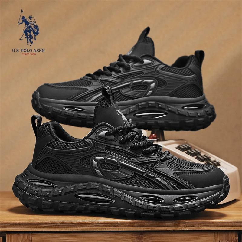 U.S. POLO ASSN.透气厚底夏季减震网面潮鞋黑色韩版男士老爹鞋