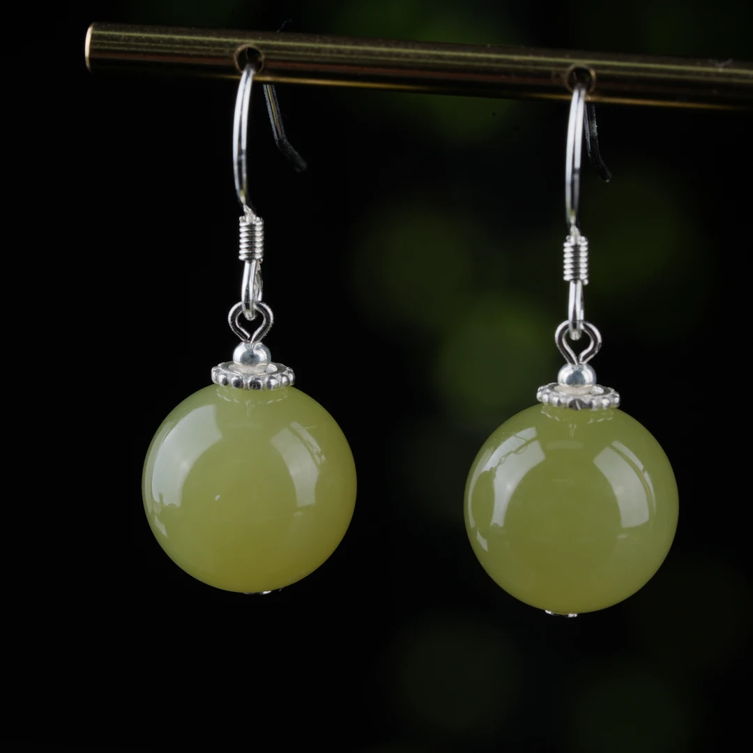 天然和田玉12m+银镶嵌耳钩（高品)