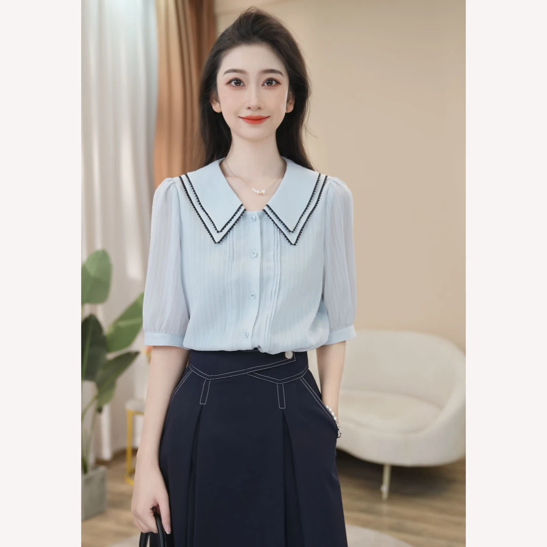 【曼贝】轻奢定制款短袖衬衫女设计感时尚百搭通勤8592271【甜甜】