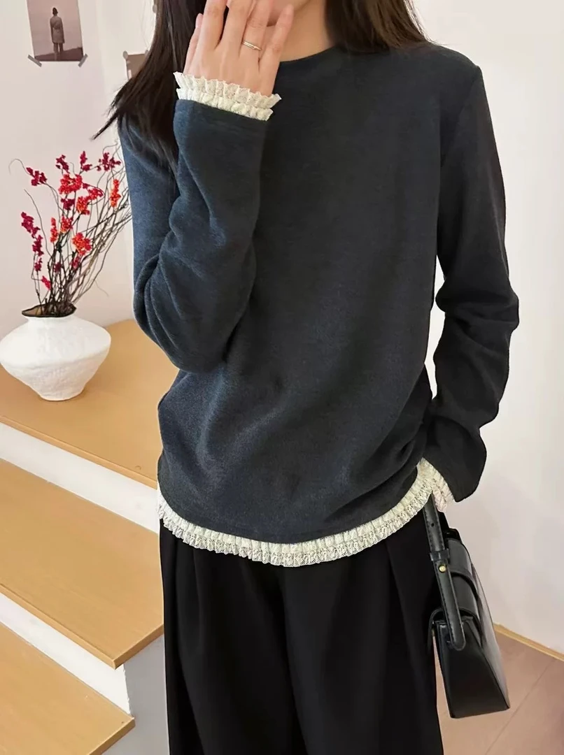 木耳边德绒打底衫女～