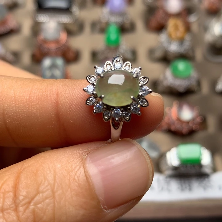 翡翠银S925镶嵌戒指翡翠冰种黄加绿戒面S925银镶