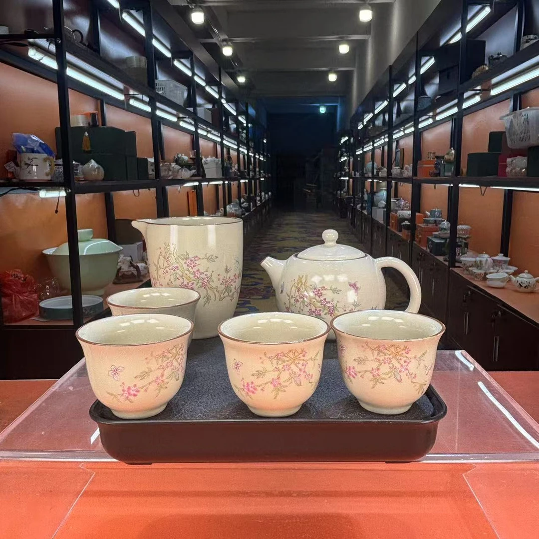 秋香茶具  米黄汝窑紫藤花西施壶一壶四杯功夫茶具无礼盒-4419