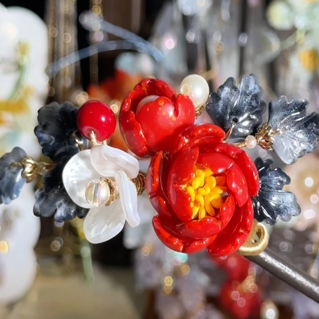 国风汉服手工原创设计男女通用发簪发饰软簪明制对夹步摇红色系