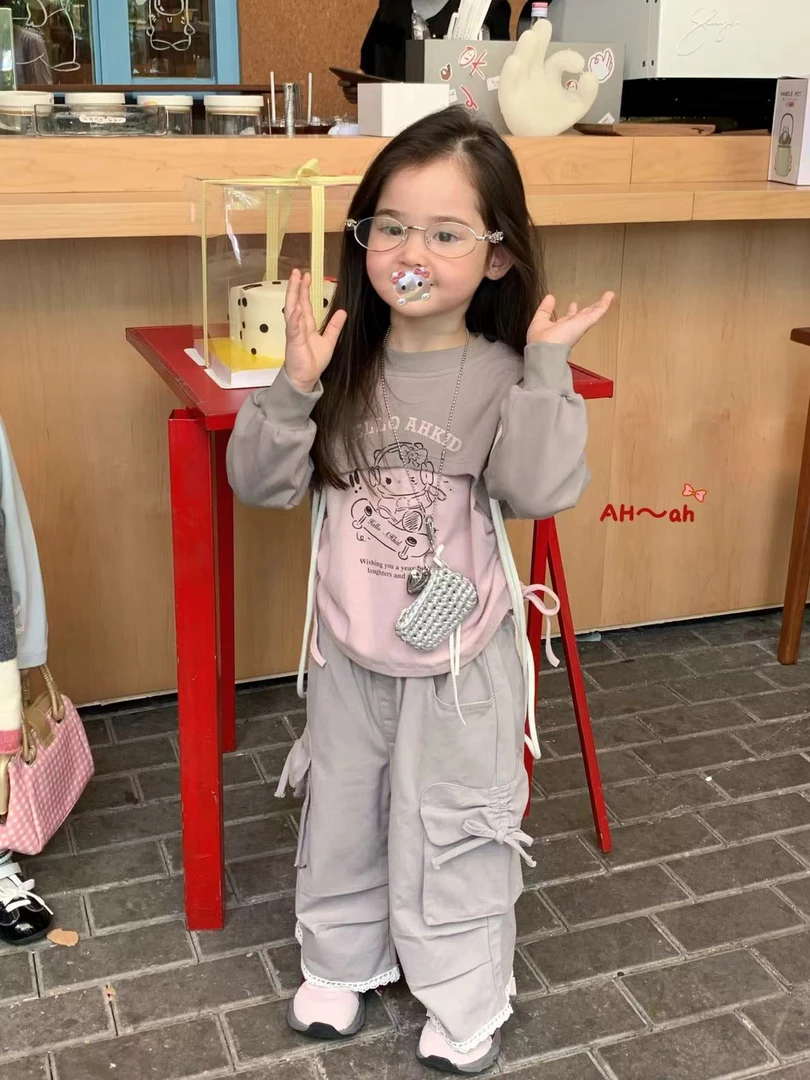 女童粉色假两件上衣灰色工装裤（AH-3846+3768-秋A）汉服