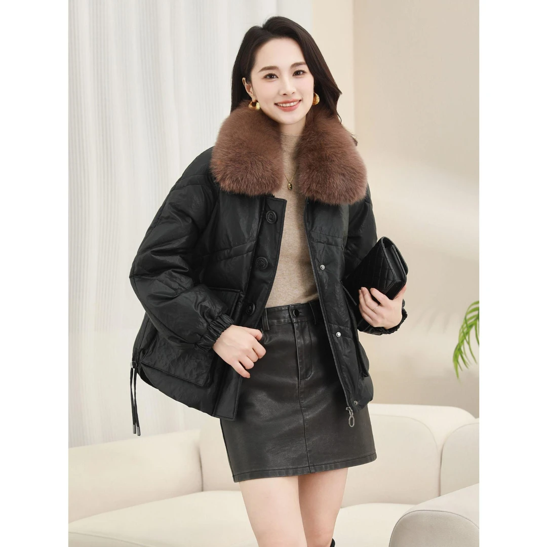 海宁娜颜2024新款大狐狸毛领短款休闲百搭皮鹅绒服女SNA-247902