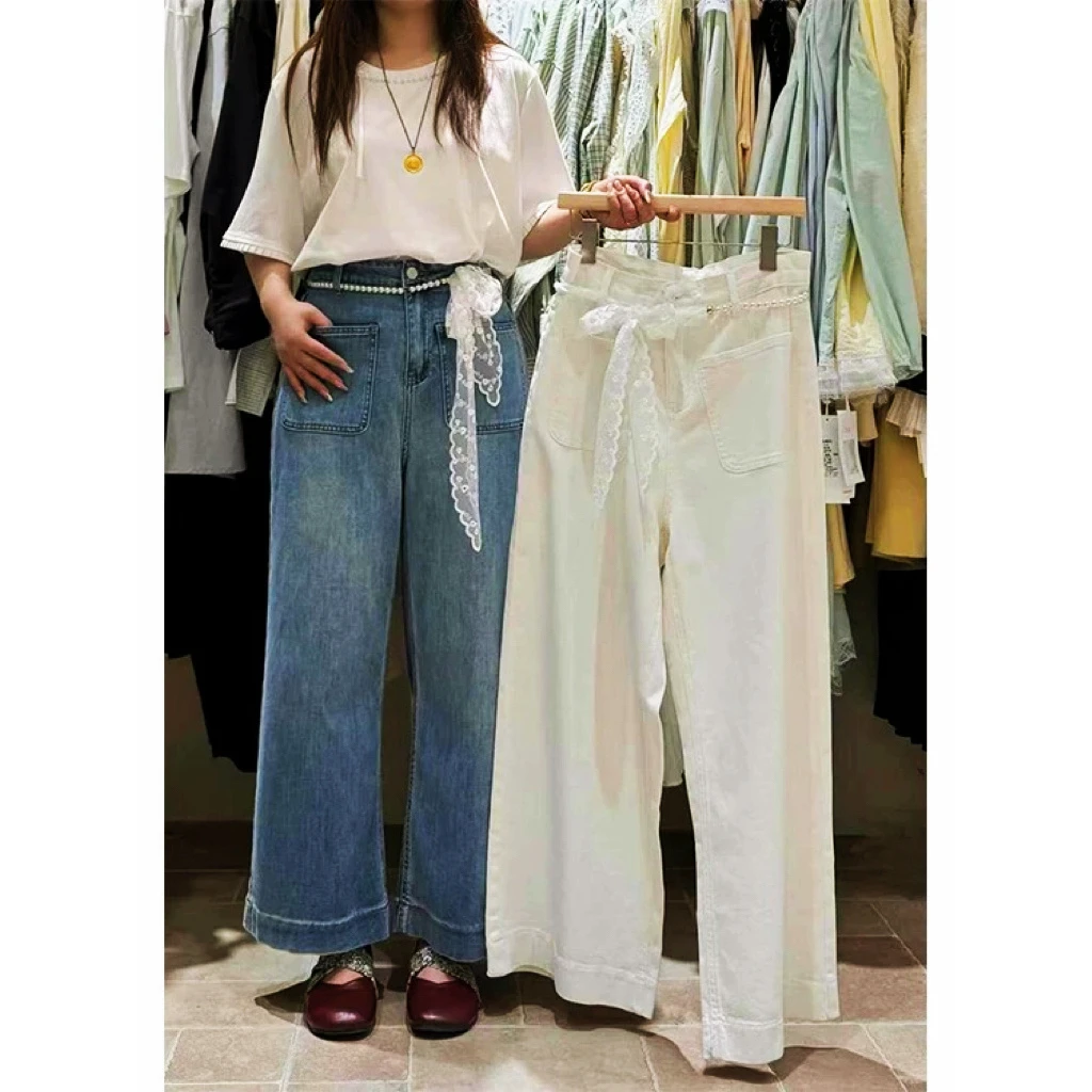 妮妮家66231夏季新款蕾丝飘带显瘦百搭直筒牛仔裤