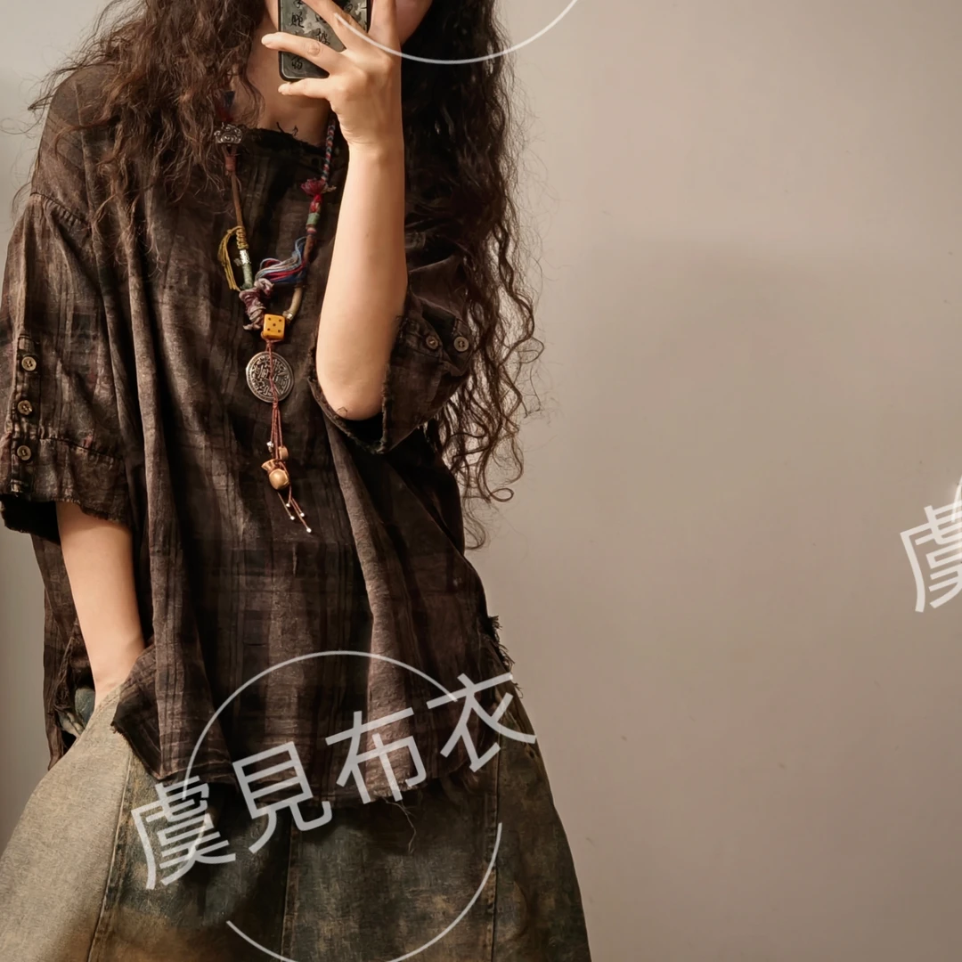 虞姑娘推荐  炒色做旧麻棉格子圆领麻杉【衣长68胸围130】