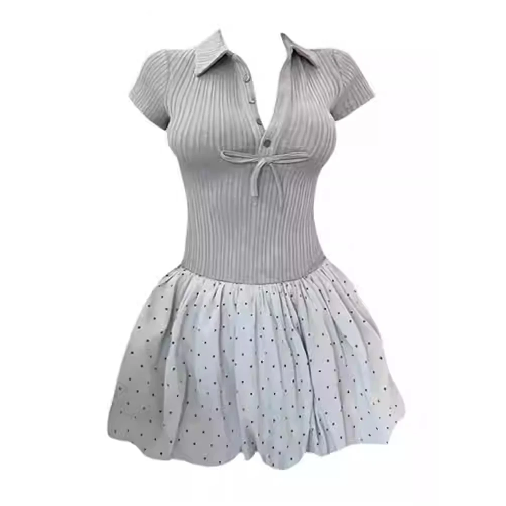 纯欲芭蕾风法式连衣裙女2025夏季新款针织拼接显瘦波点蓬蓬短裙子