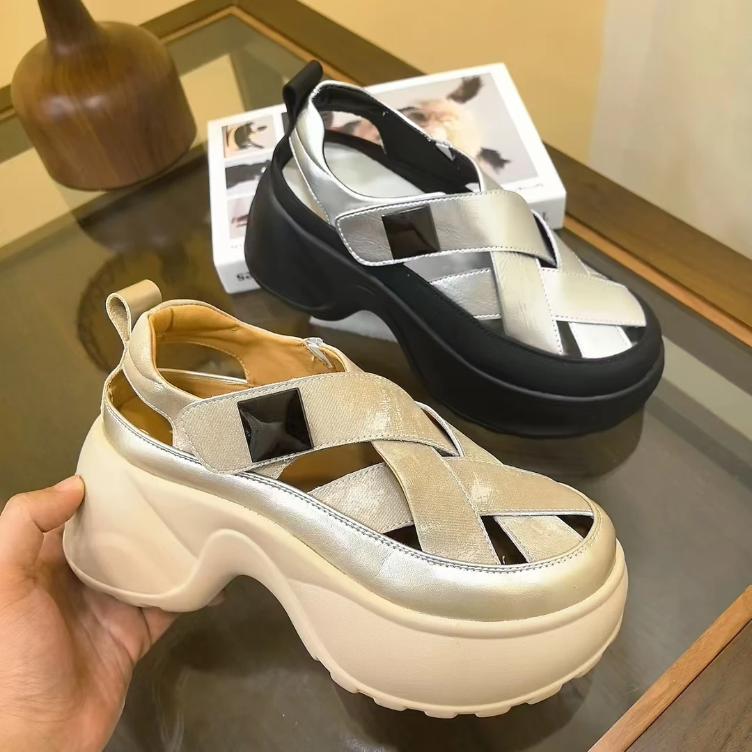 7.5CM真皮厚底增高女鞋2025夏半托厚底百搭小白鞋休闲运动鞋女