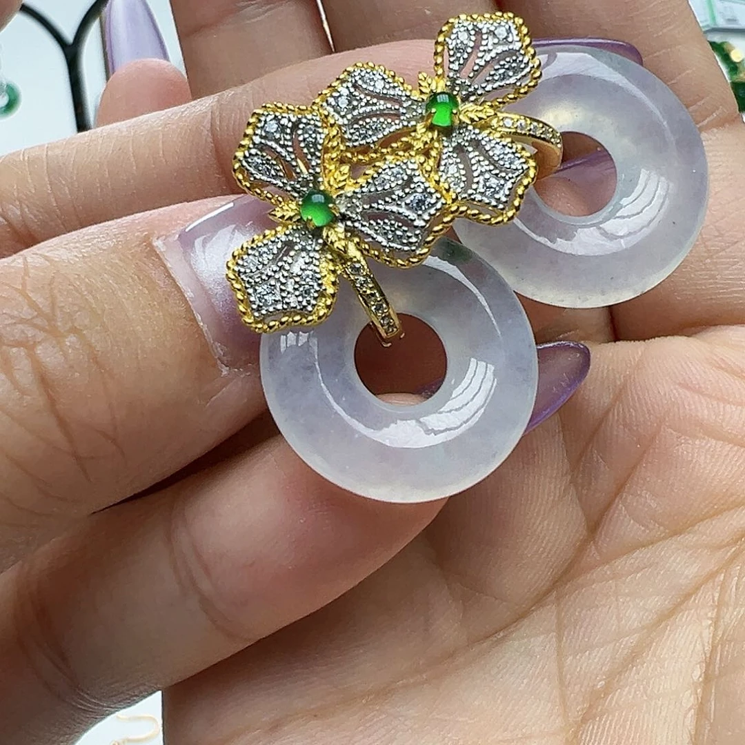 翡翠银S925镶嵌耳饰琥***花天然缅甸A货翡翠