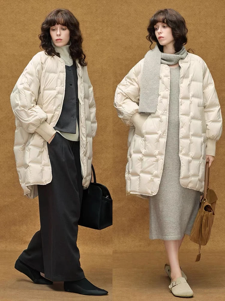 三星羽绒可溯源韩版设计感中长款羽绒服女新款慵懒90绒外套
