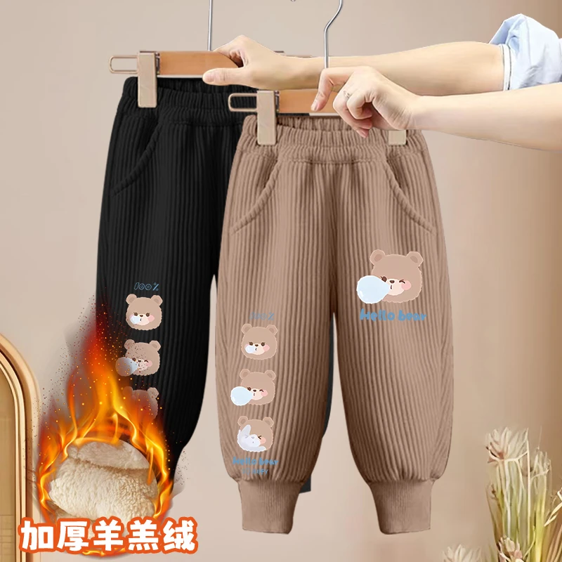 女童裤子加绒加厚冬季儿童灯芯绒裤宽松百搭男宝宝运动裤洋气卡通