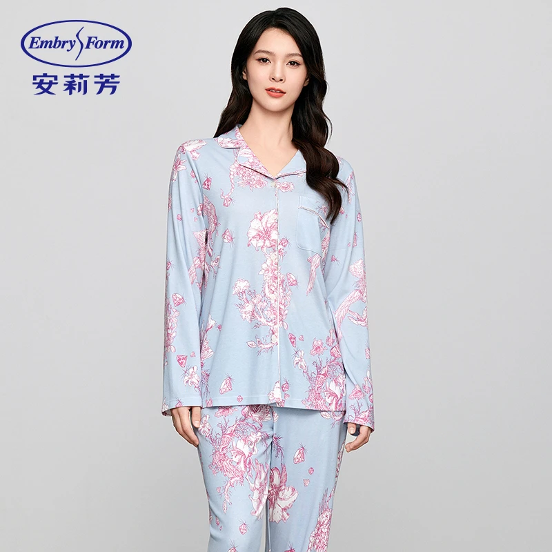 安莉芳莫代尔棉长袖翻领开衫印花春秋女士睡衣居家家居服套装秋季