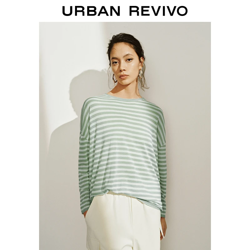 UR2025秋季新款女装休闲撞色条纹圆领长袖针织衫UWM950021