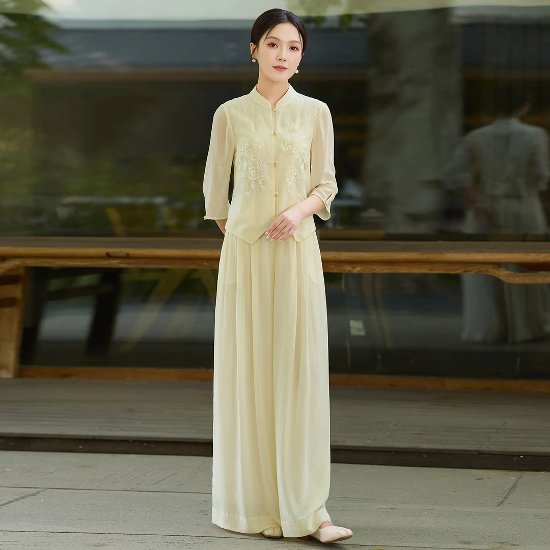 H220新中式国风女装2025新款夏季裤子茶服刺绣改良唐装气质两件套