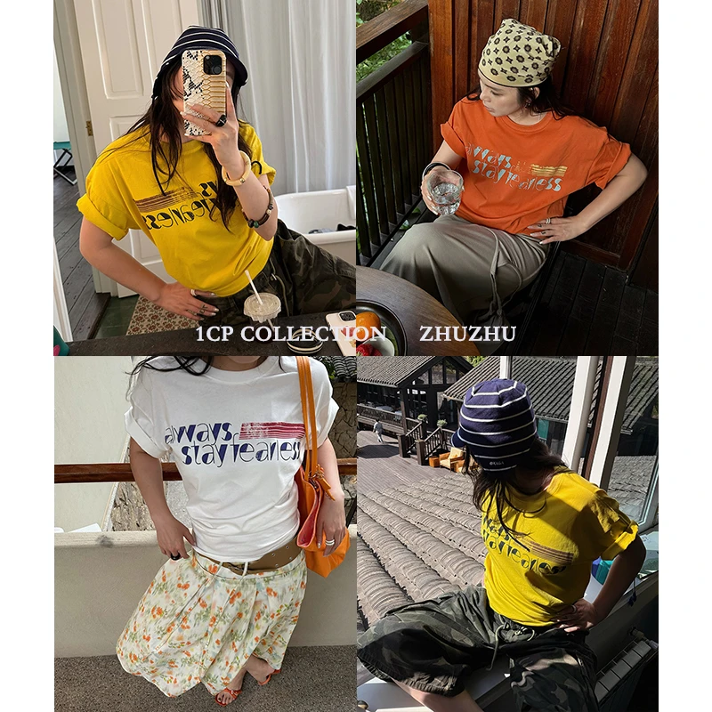 1CP 橘色设计感印花T恤女2025夏季新款白色宽松休闲短袖上衣色