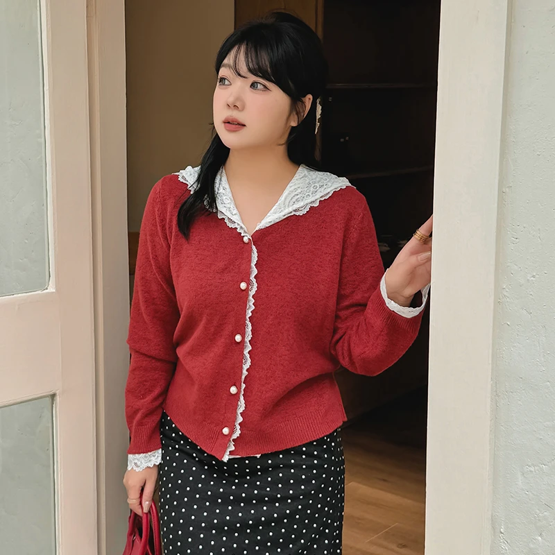 【乃粒】大码女装连帽拼接蕾丝针织衫胖mm2025早春外套22830