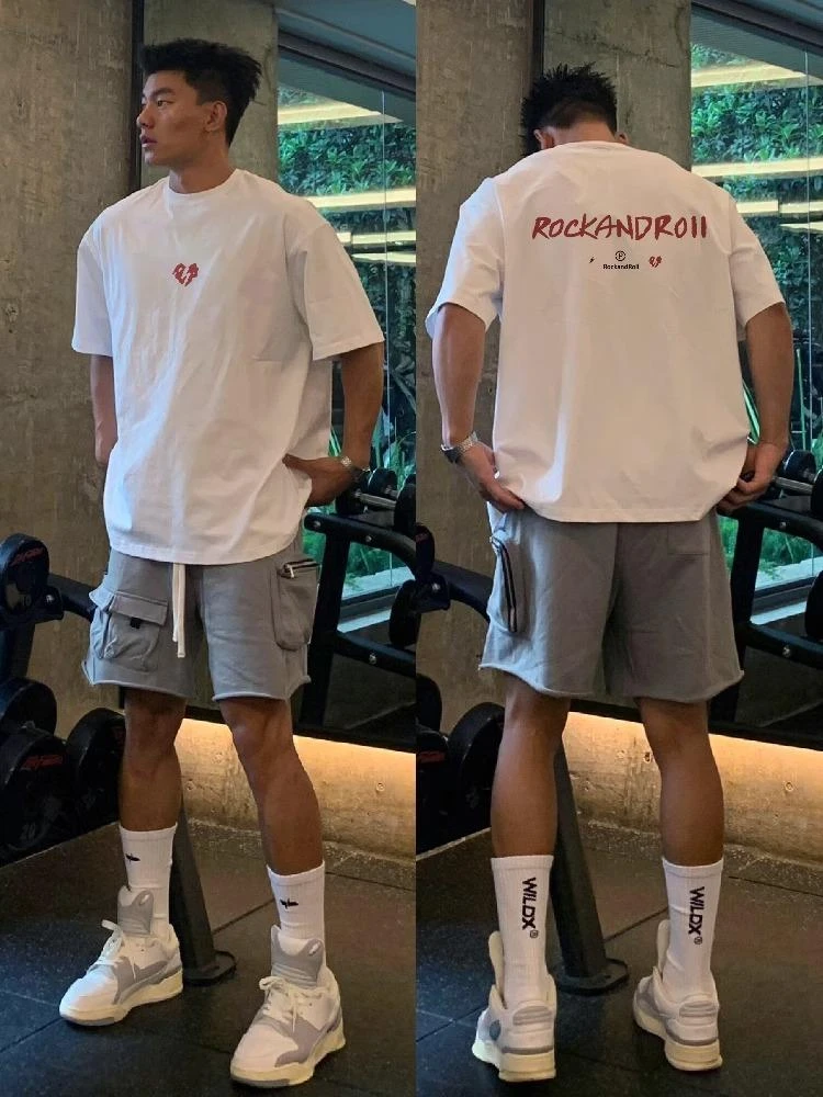 260g重磅100%纯棉螺纹美式国潮牌字母短袖T恤男夏季百搭宽松领口