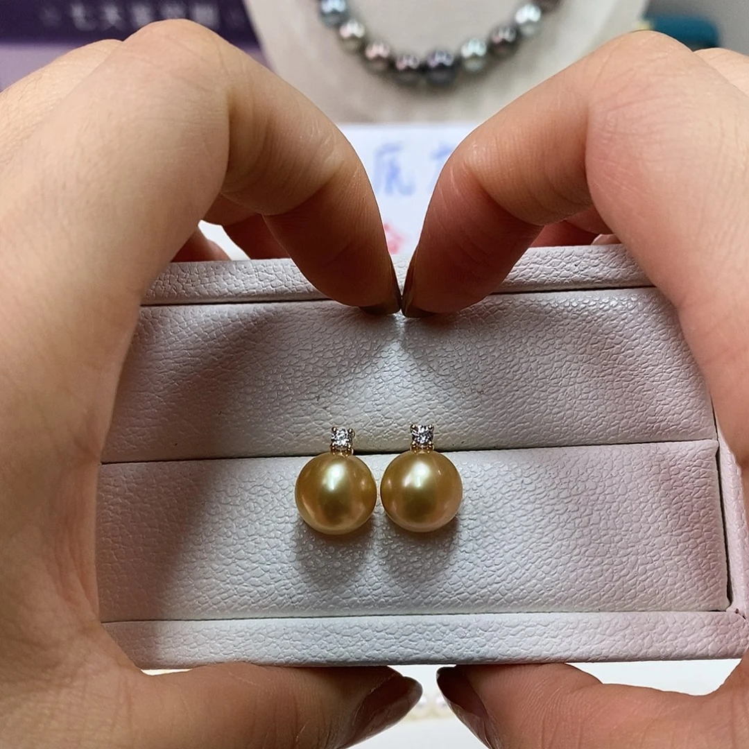 耳饰海水珍珠18K金镶嵌10.6m南洋浓金珠耳环（几乎完美）