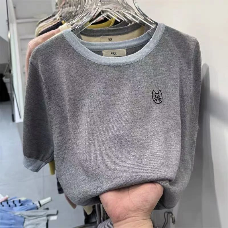 eg撞色小猫咪圆领时尚百搭修身针织短袖052402